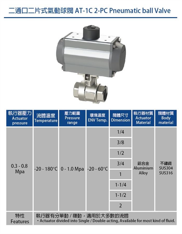 二片式氣動球閥AT1C系列 Pneumatic Ball Valve