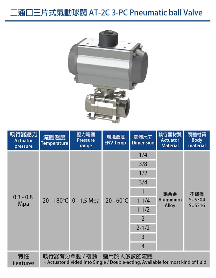 三片式氣動球閥AT2C系列 Pneumatic Ball Valve