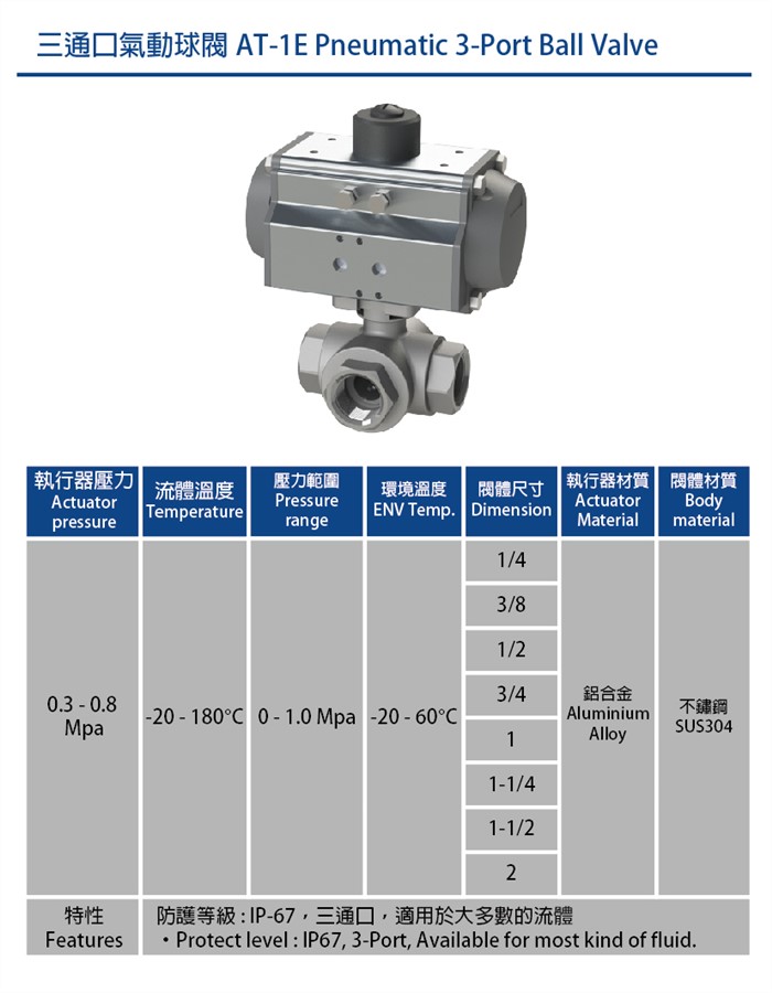 氣動三通球閥AT1E系列 Pneumatic 3-Port Ball Valve