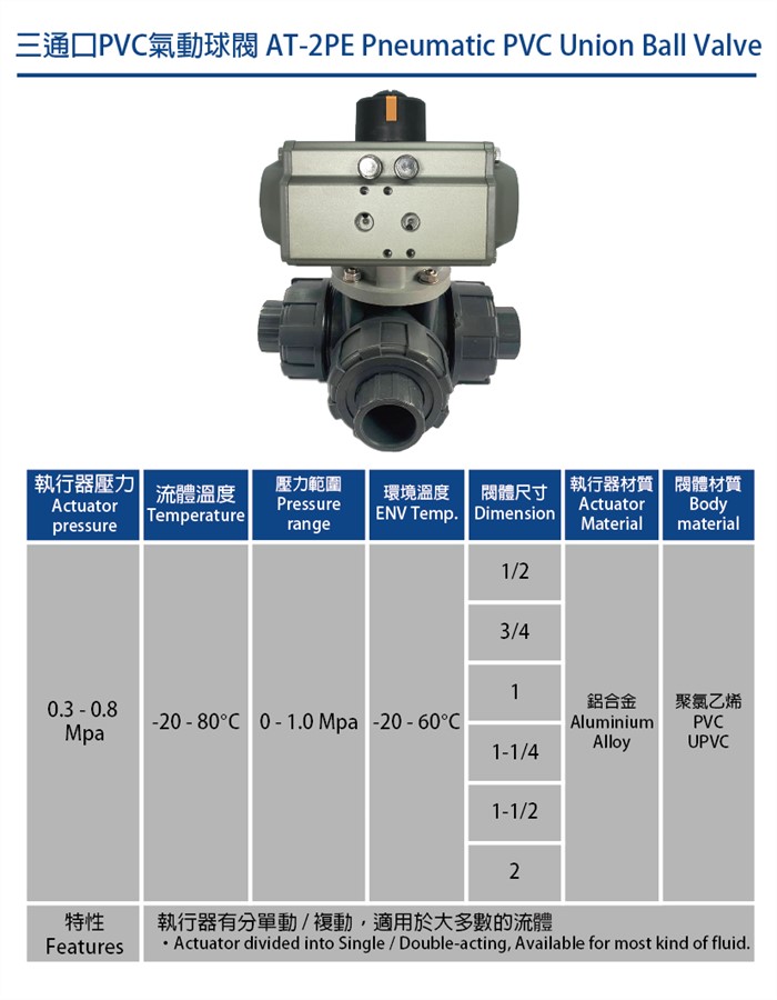 氣動三通PVC球閥AT2PE系列 Pneumatic PVC 3-Port Ball Valve