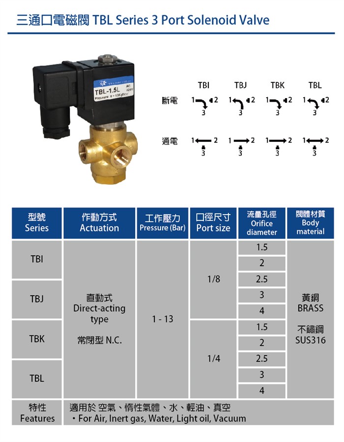 三通T柱直動式電磁閥TBL系列Solenoid 3-Port Valve