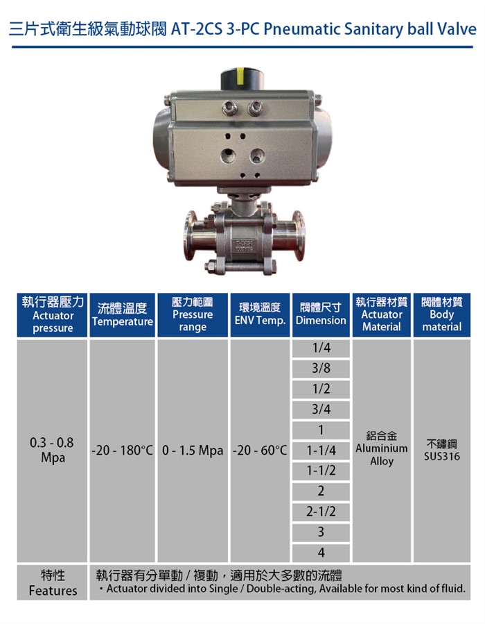 氣動夾式衛生級球閥AT4C系列 Pneumatic Sanitary T-Clamp Ball Valve