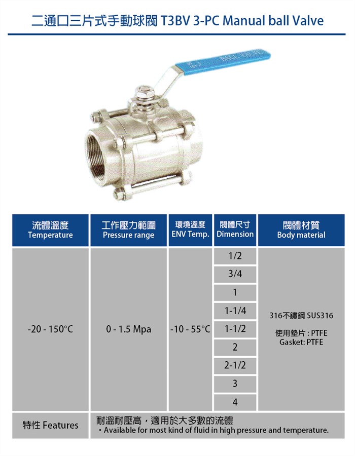 S.S Manual 3-PC Ball Valve