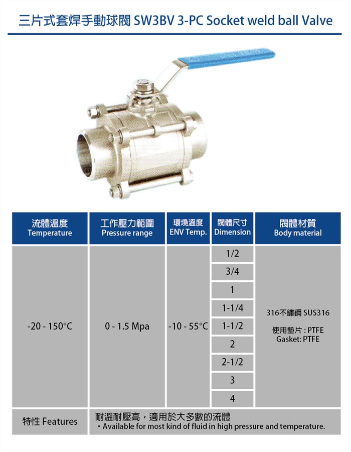 S.S Manual 3-PC Socket weld Ball Valve