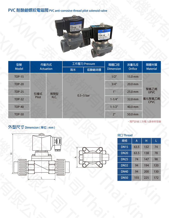 PVC耐酸鹼螺紋電磁閥 PVC anti-corrosive thread pilot solenoid valve