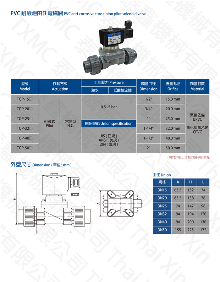 PVC耐酸鹼由任電磁閥 PVC anti-corrosive true-union pilot solenoid valve